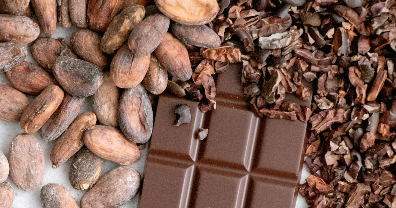 picture of cocoa beans, a chocolate bar, and cocoa nibs