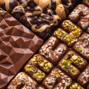 A set of three different chocolate bars, one with inclusions that are shows through the chocolate, one with a decorative patters on top of the bubble moulded chocolate bar, and one with an angular design bar. Image by Serghey Savchuk on Unsplash